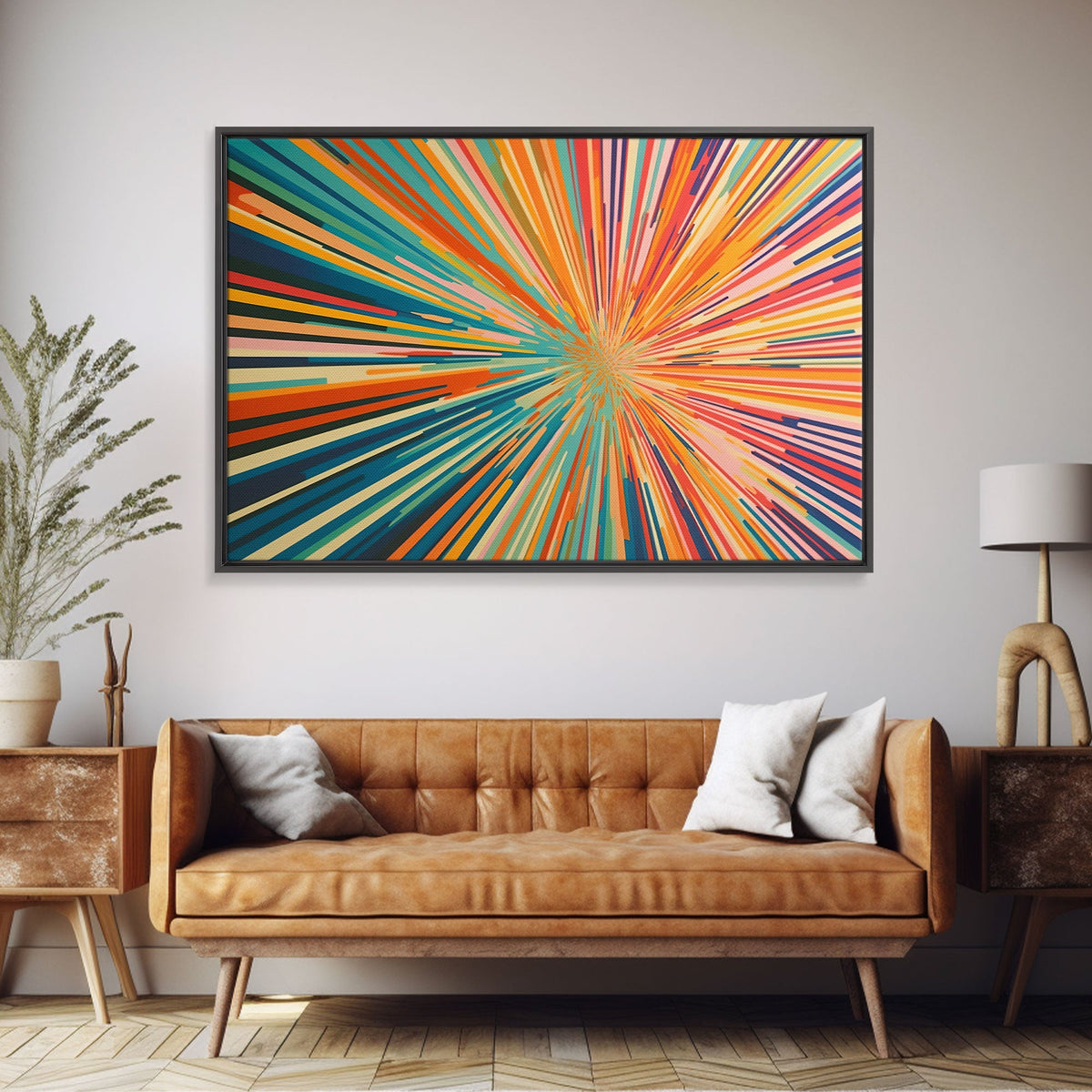 MCM Mid Century Modern Retro Canvas Print Mid Century Wall Art Large Wall Art Geometric Art in Teal Coral and Yellow "Light Speed Tunnel"