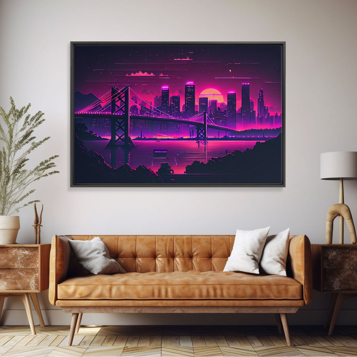 Cyberpunk San Francisco, Futuristic city skyline art, framed canvas print, Synthwave / vaporwave cityscape decor