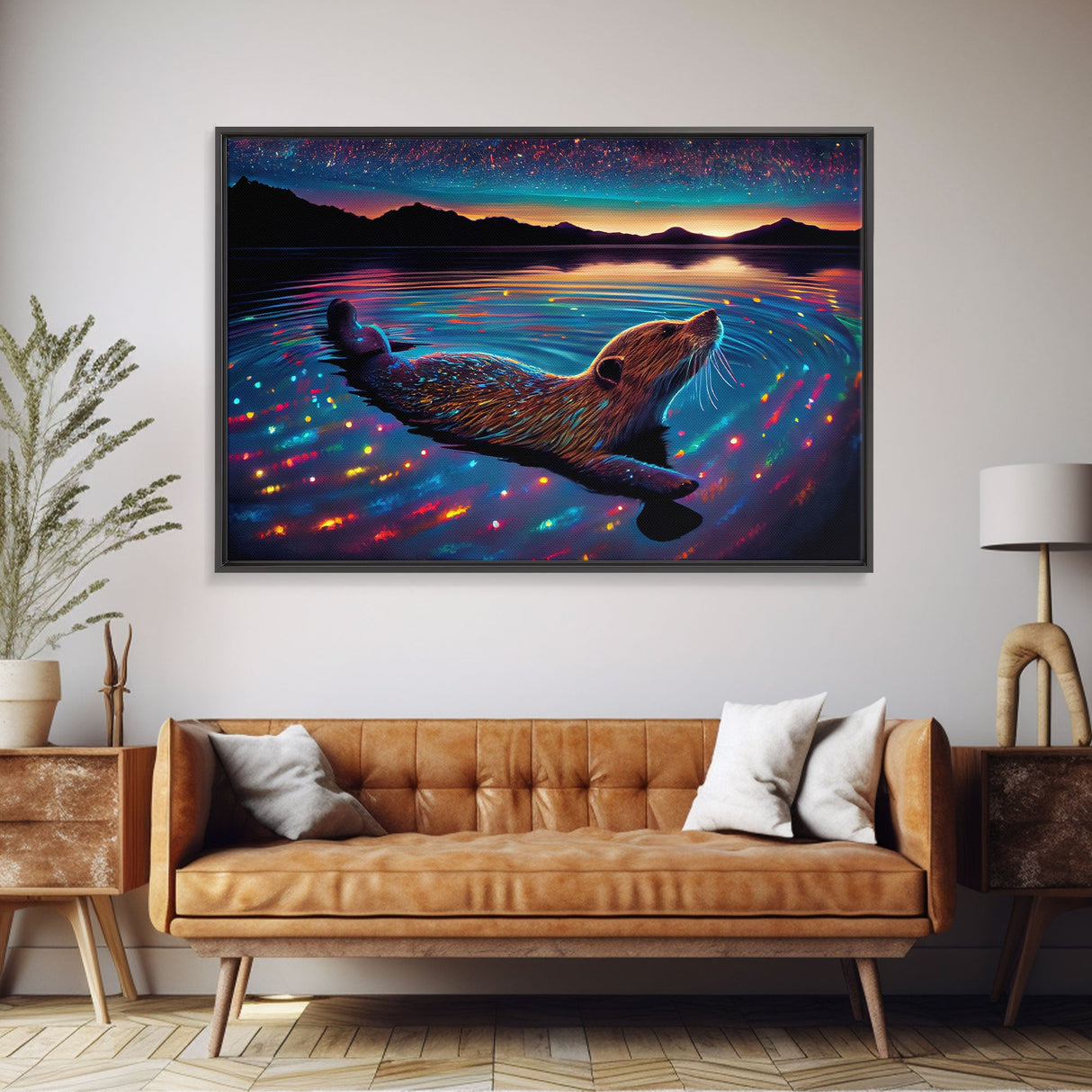 Cute beaver swimming at midnight, vaporwave aesthetic animal print art, starry night beaver, framed canvas print