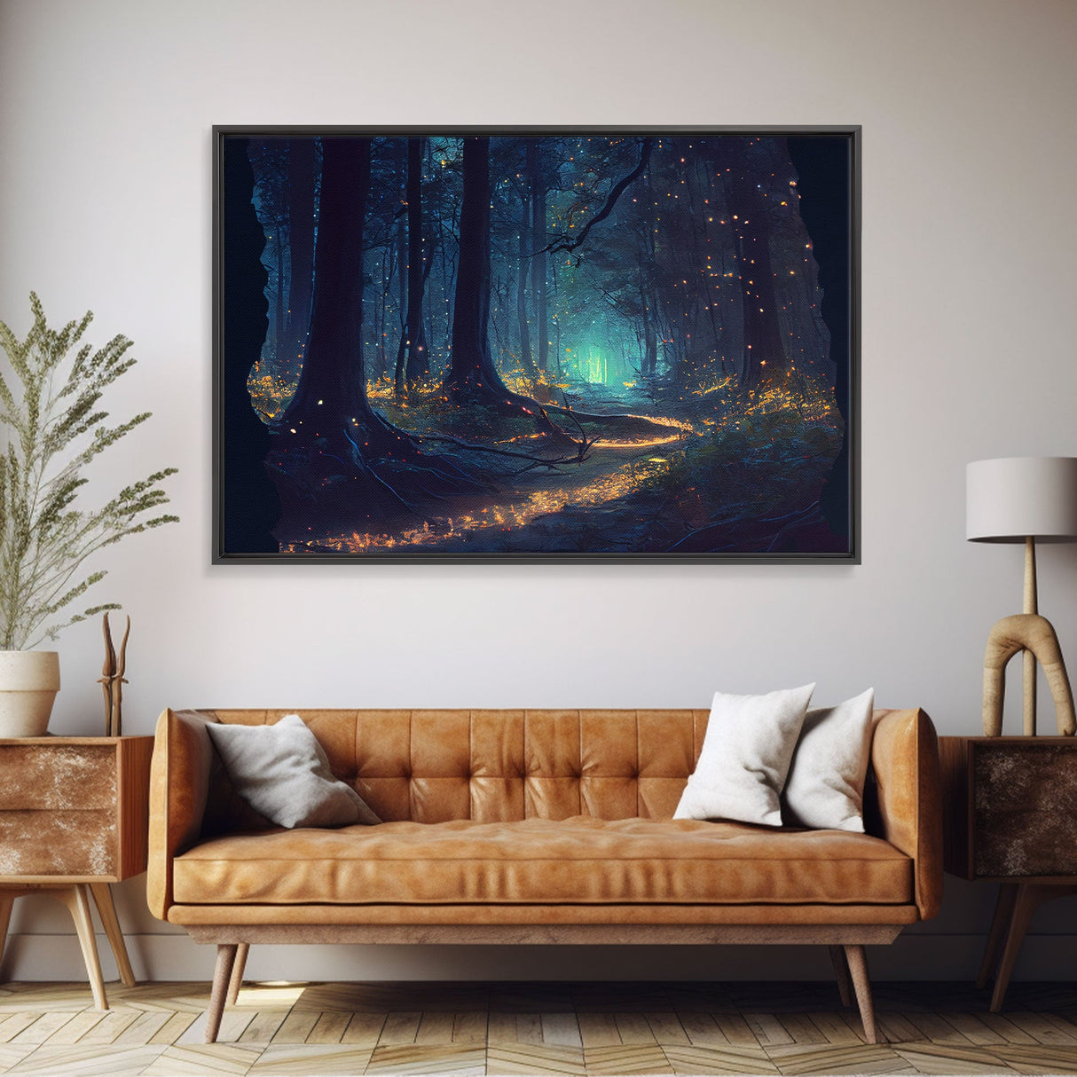 The magical enchanted forest is lit brightly with fireflies at night, framed canvas print, fantasy art