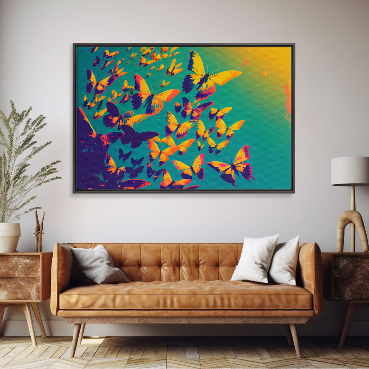 Synthwave Tangerine butterflies, beautiful butterfly art, framed canvas print, framed wall art