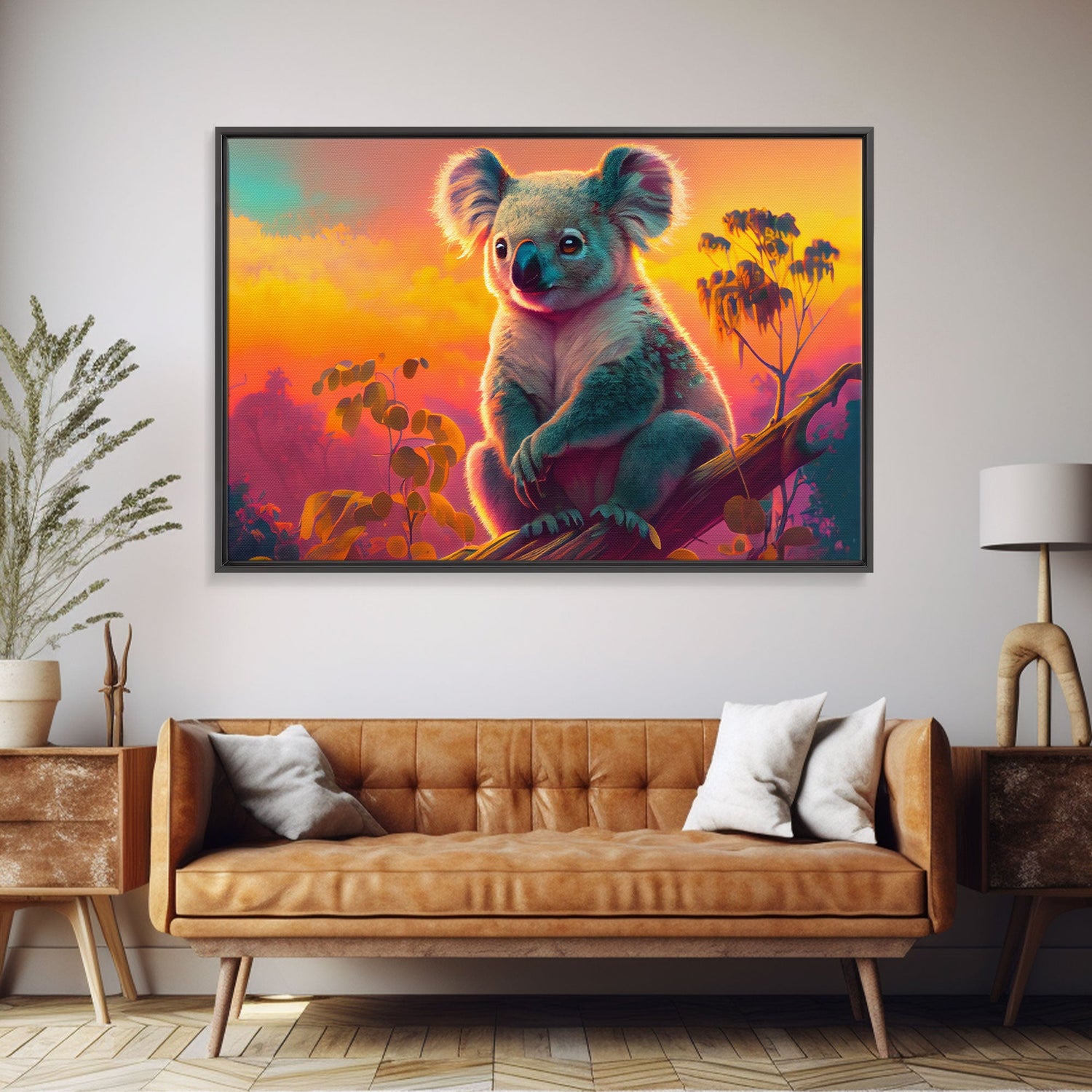 Cute Koala bear at sunset, vaporwave animal art, framed canvas print, framed wall art, ready to hang, synthwave art