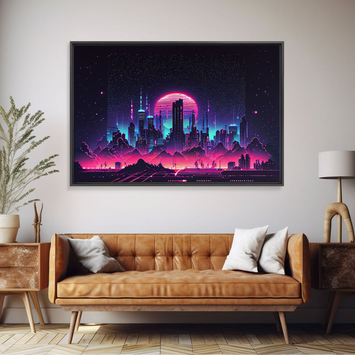 Cyberpunk city skyline superimposed over a sunset, synthwave style dystopian art, framed canvas print