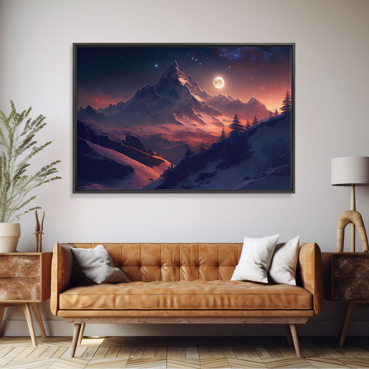 Mt. Everest Art, full moon over a mountain landscape, watercolor, framed canvas print, unique wall art