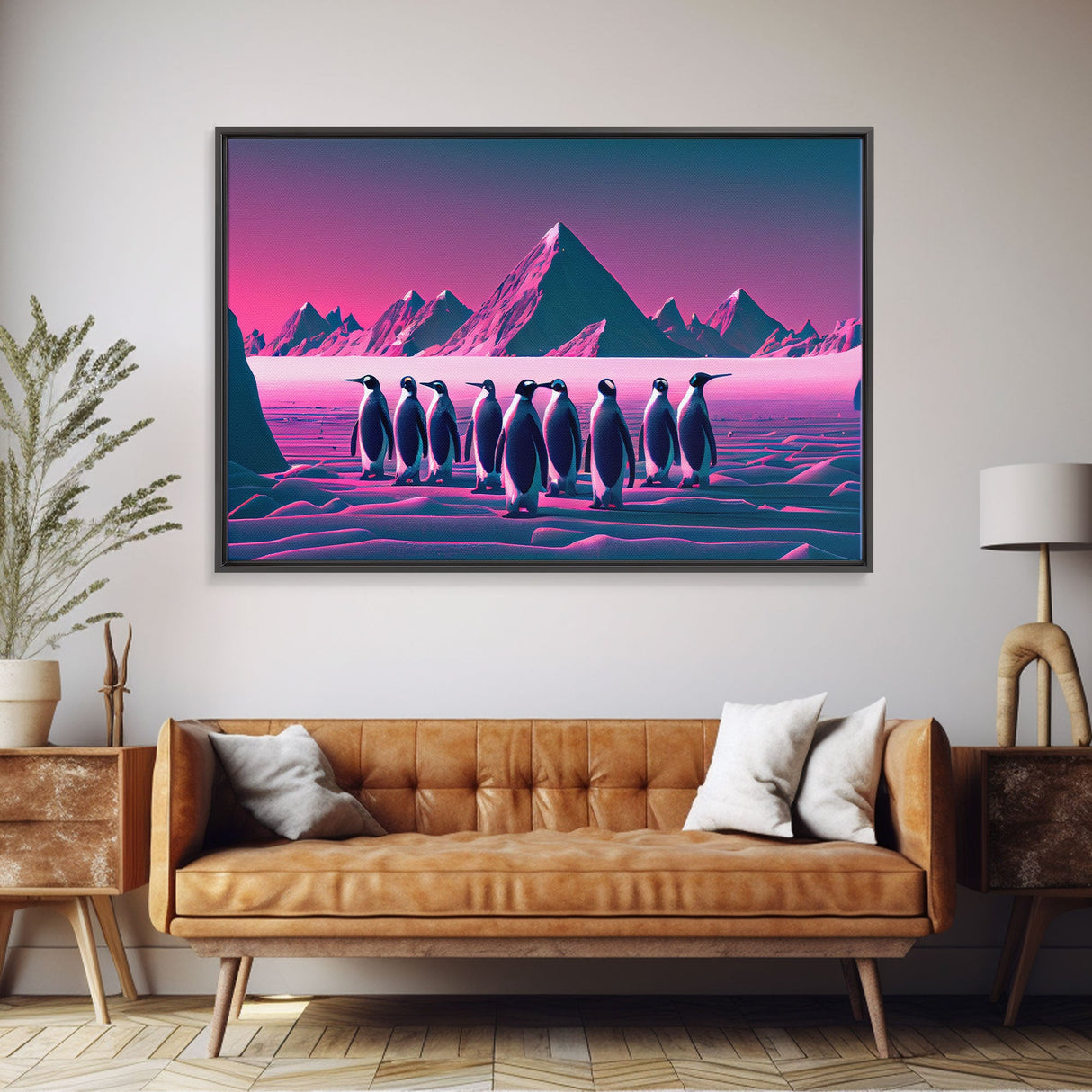 Penguins on the nice, cute animal prints, framed canvas print, synthwave / vaporwave art