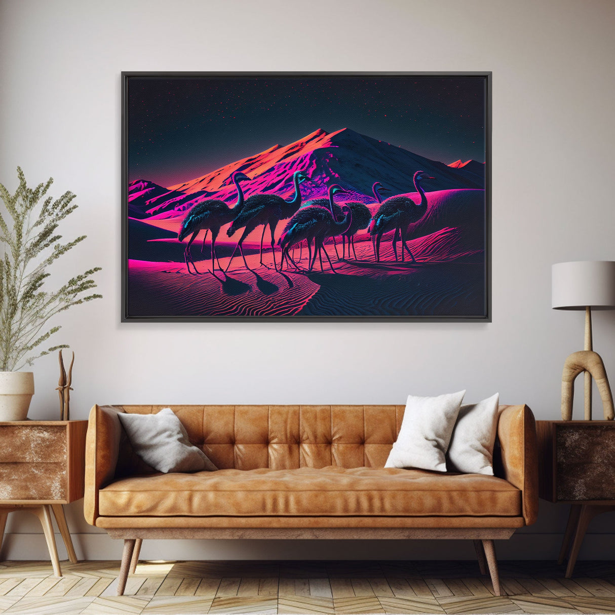 Emus in the desert, animal prints, animal art, framed canvas print, vapor wave synthwave animal art