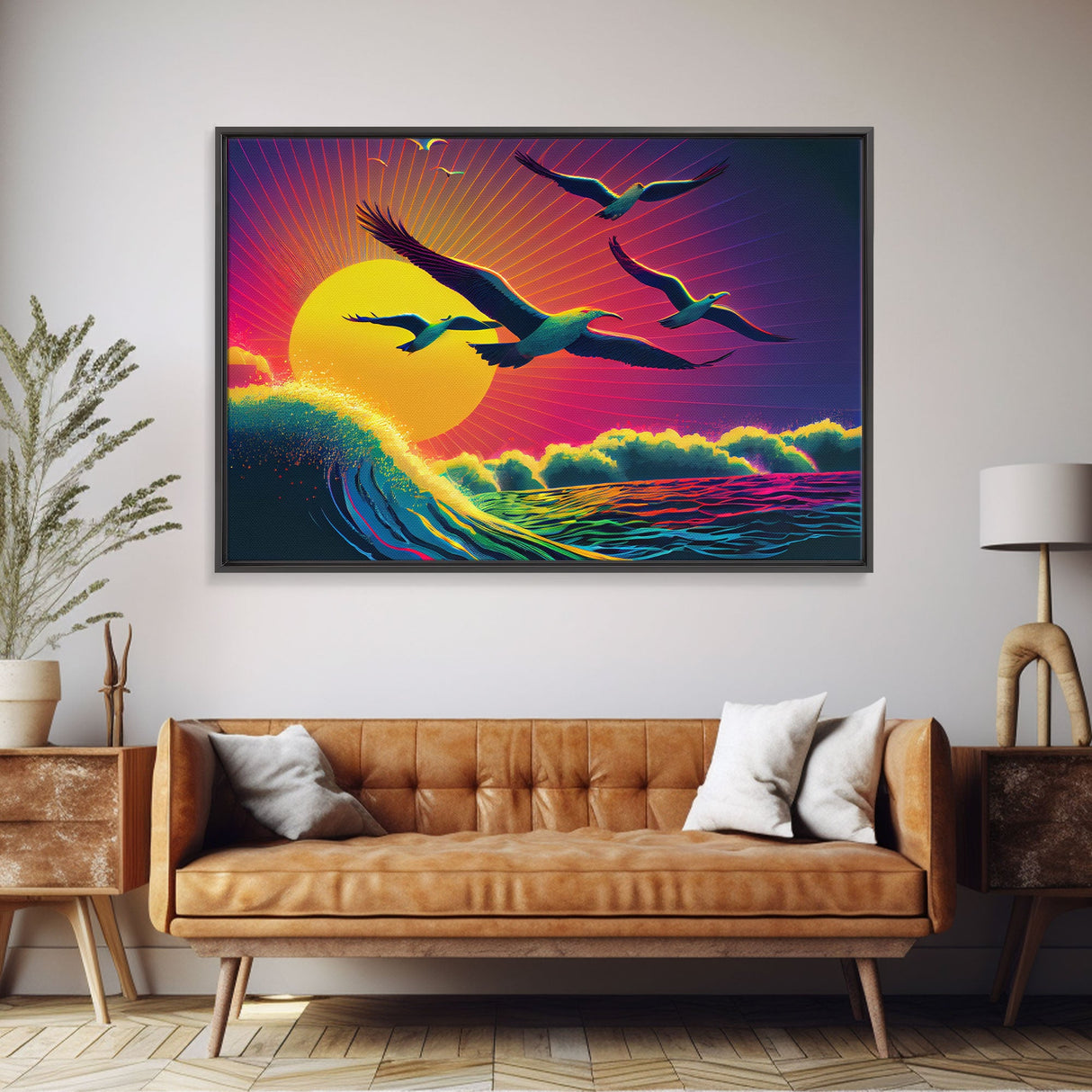 Flock of Seagulls, art deco style sun, framed canvas print, synthwave retrowave animal art