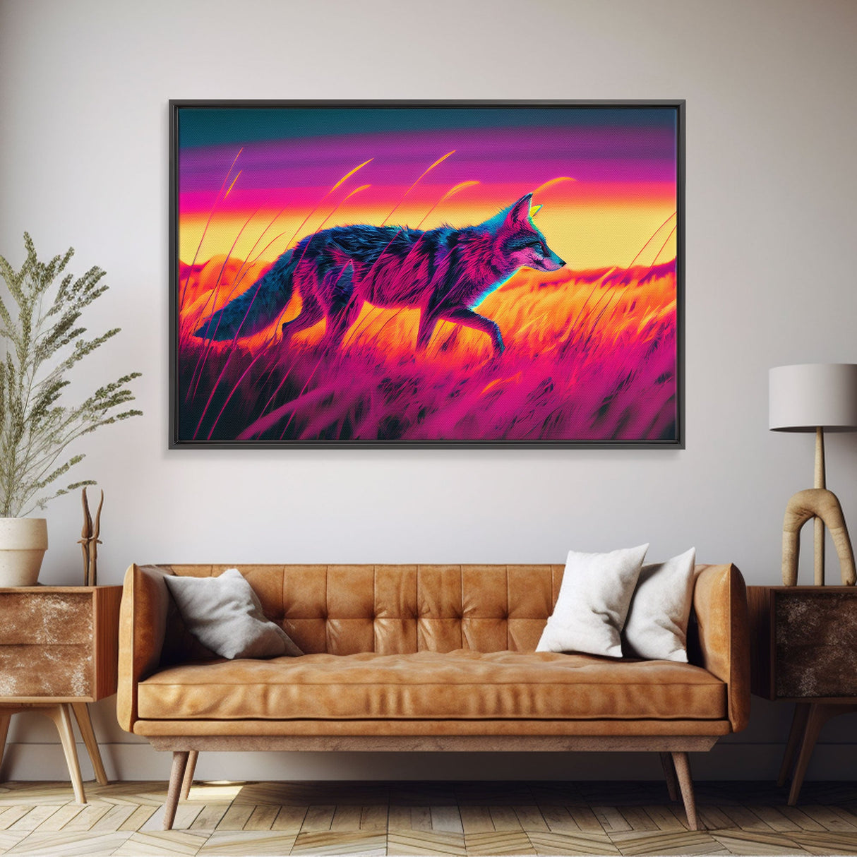 Cute fox in the tall grass, animal print, vaporwave framed canvas print, retrowave animal art
