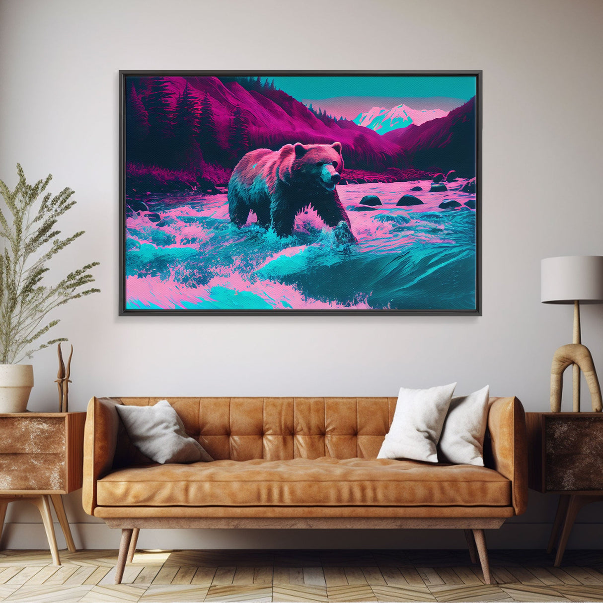 Grizzly bear crossing a river, vaporwave style animal print art, framed canvas print