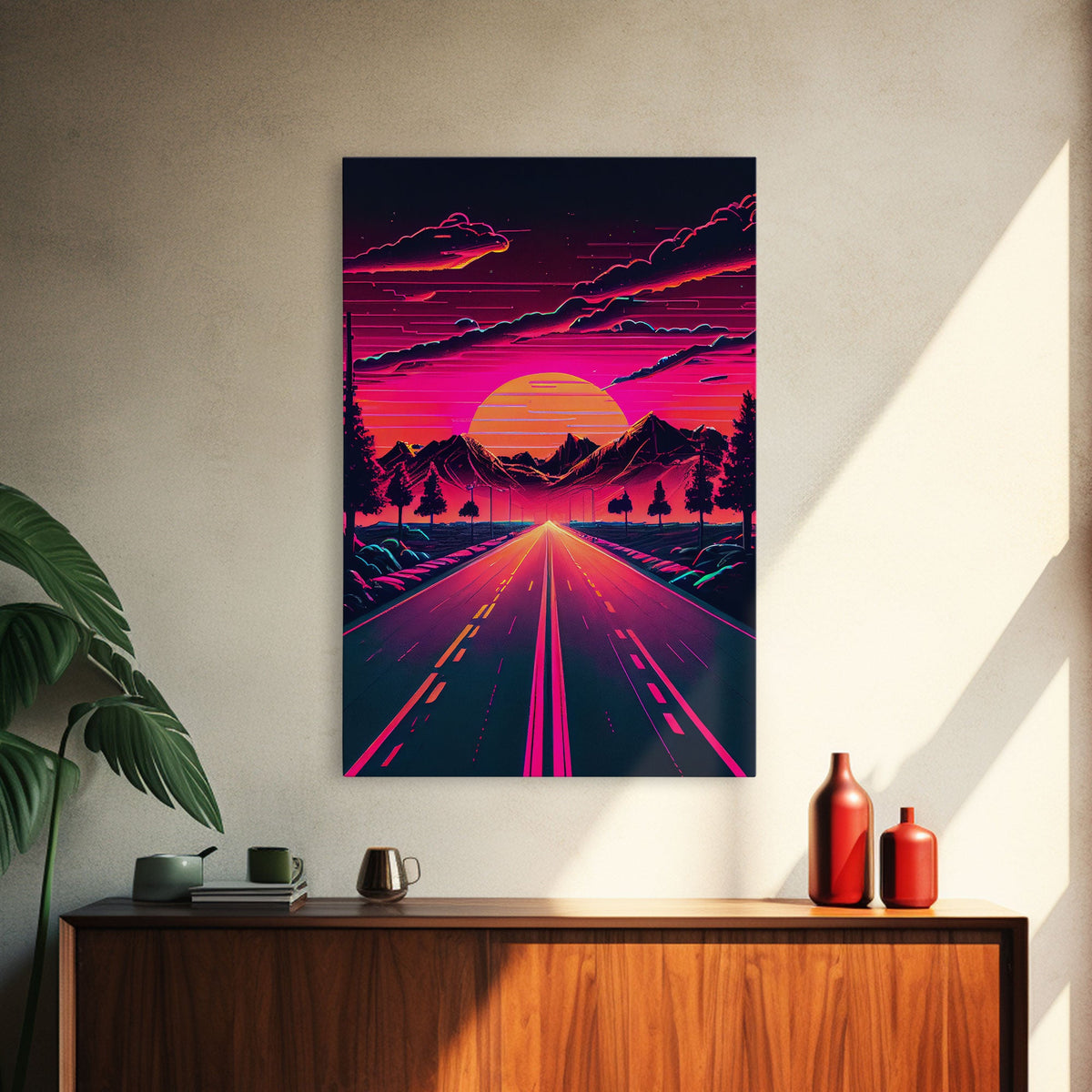 Outrun Sunset over the Arizona mountains, neon aesthetic art, framed canvas print
