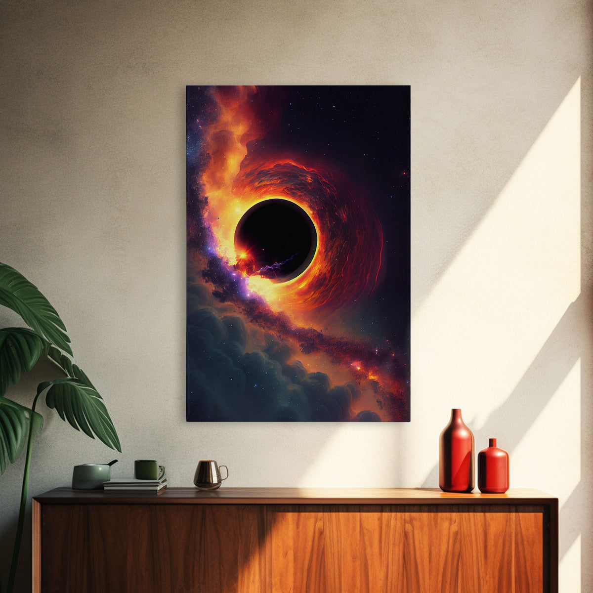 View of a black hole, space scifi art, framed canvas print