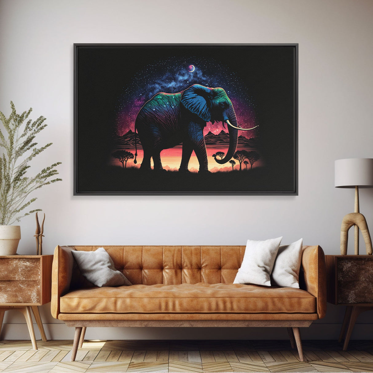Elephant Art | Framed Canvas Print | Framed Wall Art | Animal Prints | Wildlife Art | Elephant Walks Under A Full Moon | Kid's Room Decor