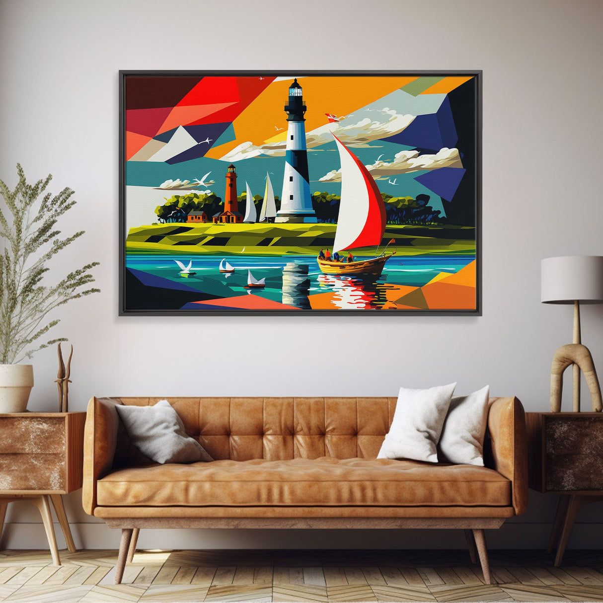 Sailboat and Lighthouse | Pop Art Style Painting Print | Framed Canvas Print | Colorful Minimalist Art | Nautical Art