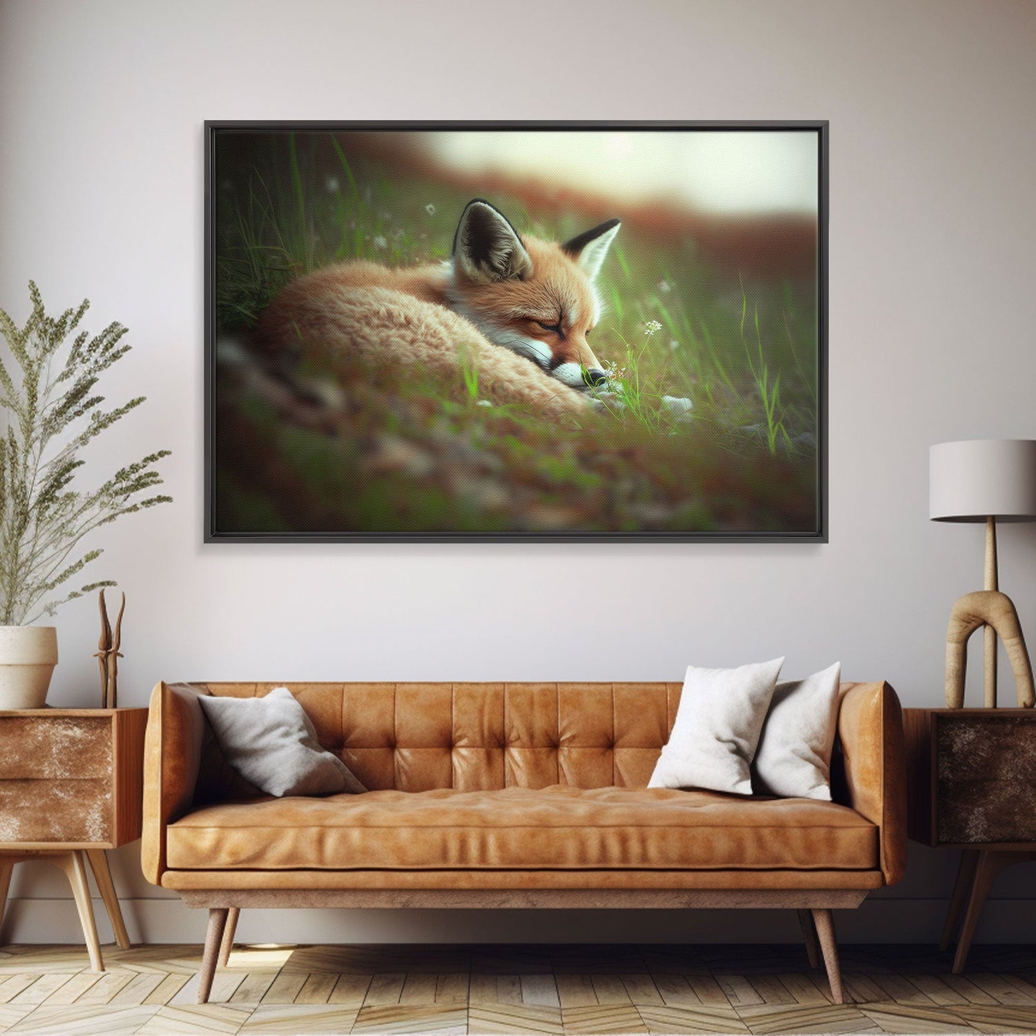 Cute Sleepy Fox Art, Animal Prints, Nature Art, Framed Canvas Print, Cute animal wall art, above sofa art