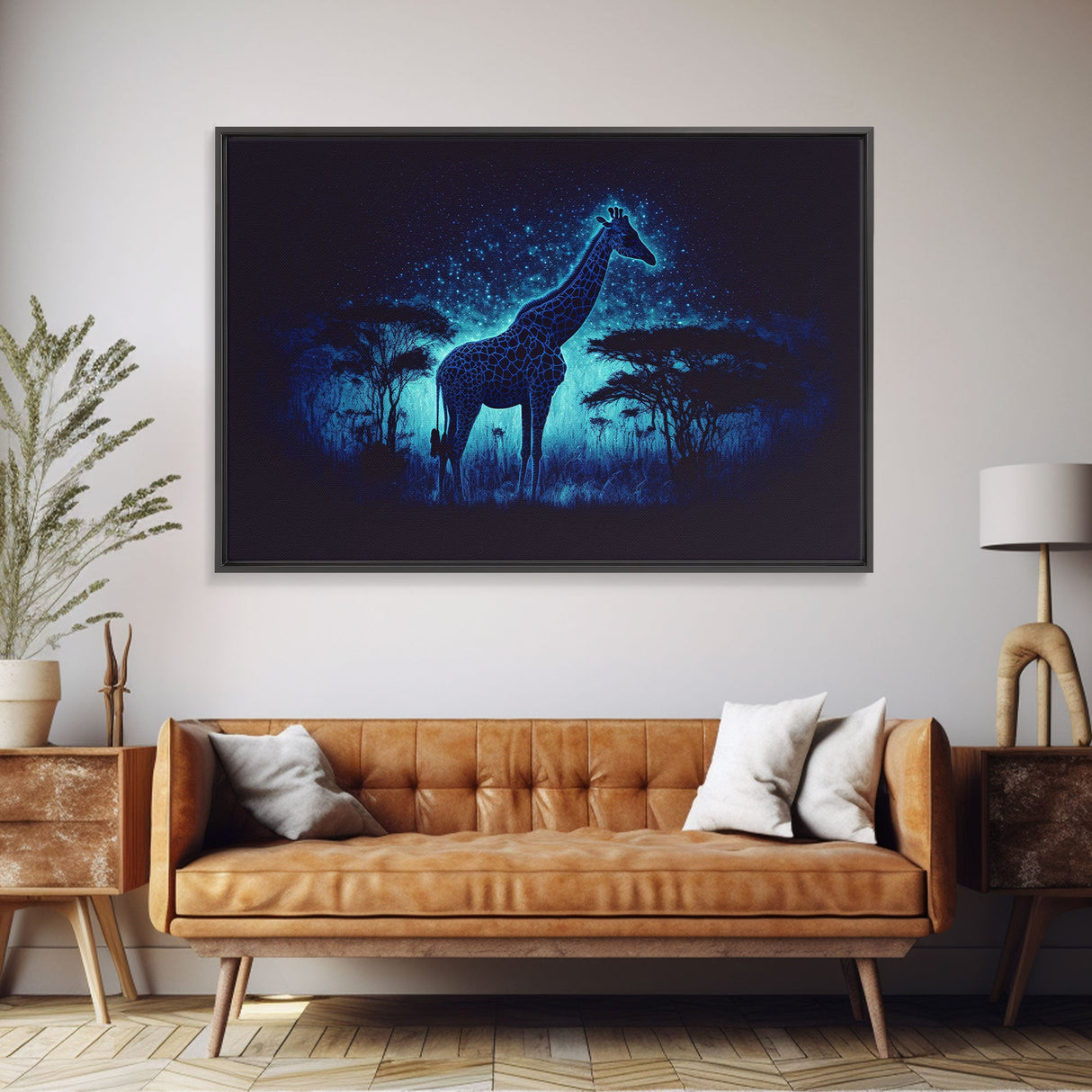 Surreal Giraffe Art, Wildlife Print, Animal Prints, framed canvas print, framed wall art, colorful turquoise night sky