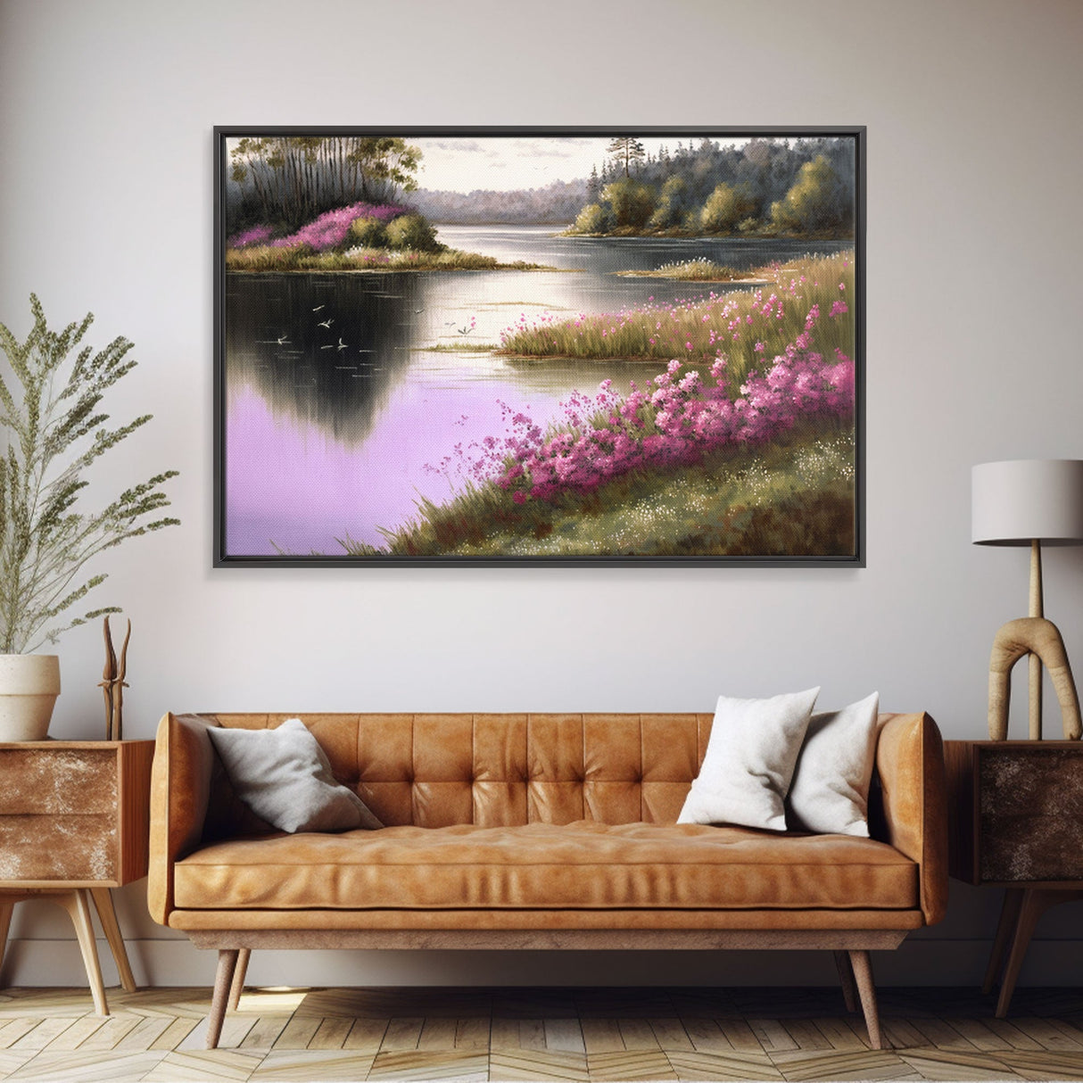 Pink flower landscape art, beautiful nature watercolor painting canvas print, Framed Canvas Print, Wall decoration, living room wall art