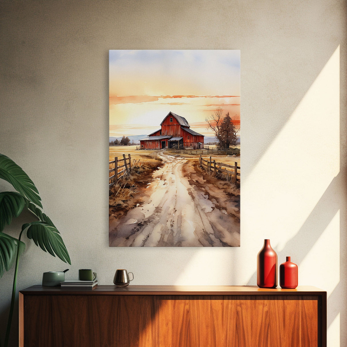 Sunset Over A Red Barn, Watercolor Painting Canvas Print, Country Poster Art, Framed Canvas, Country Roads, Rustic Farmhouse Decor