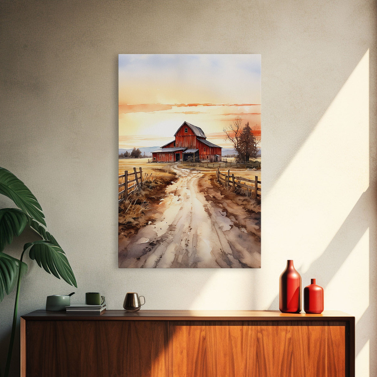Sunset Over A Red Barn, Watercolor Painting Canvas Print, Country Poster Art, Framed Canvas, Country Roads, Rustic Farmhouse Decor