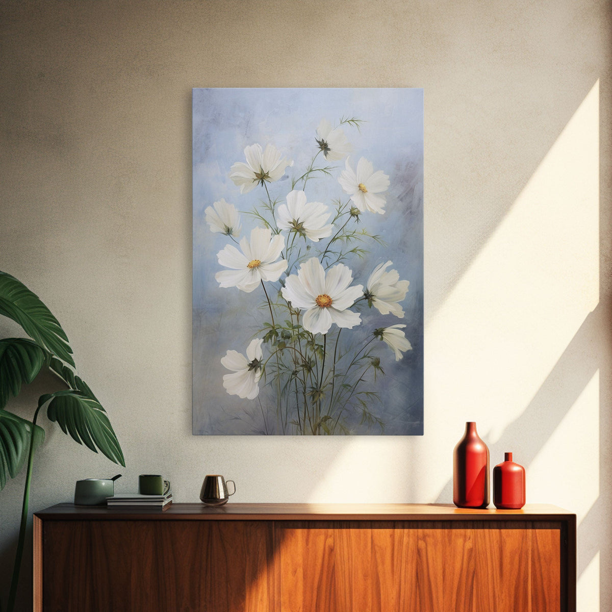 Cosmos Art Print - Framed Canvas Art - Oil Painting Poster Print - White Flowers Still Life - Small Flower Bouquet Oil Painting Wall Art