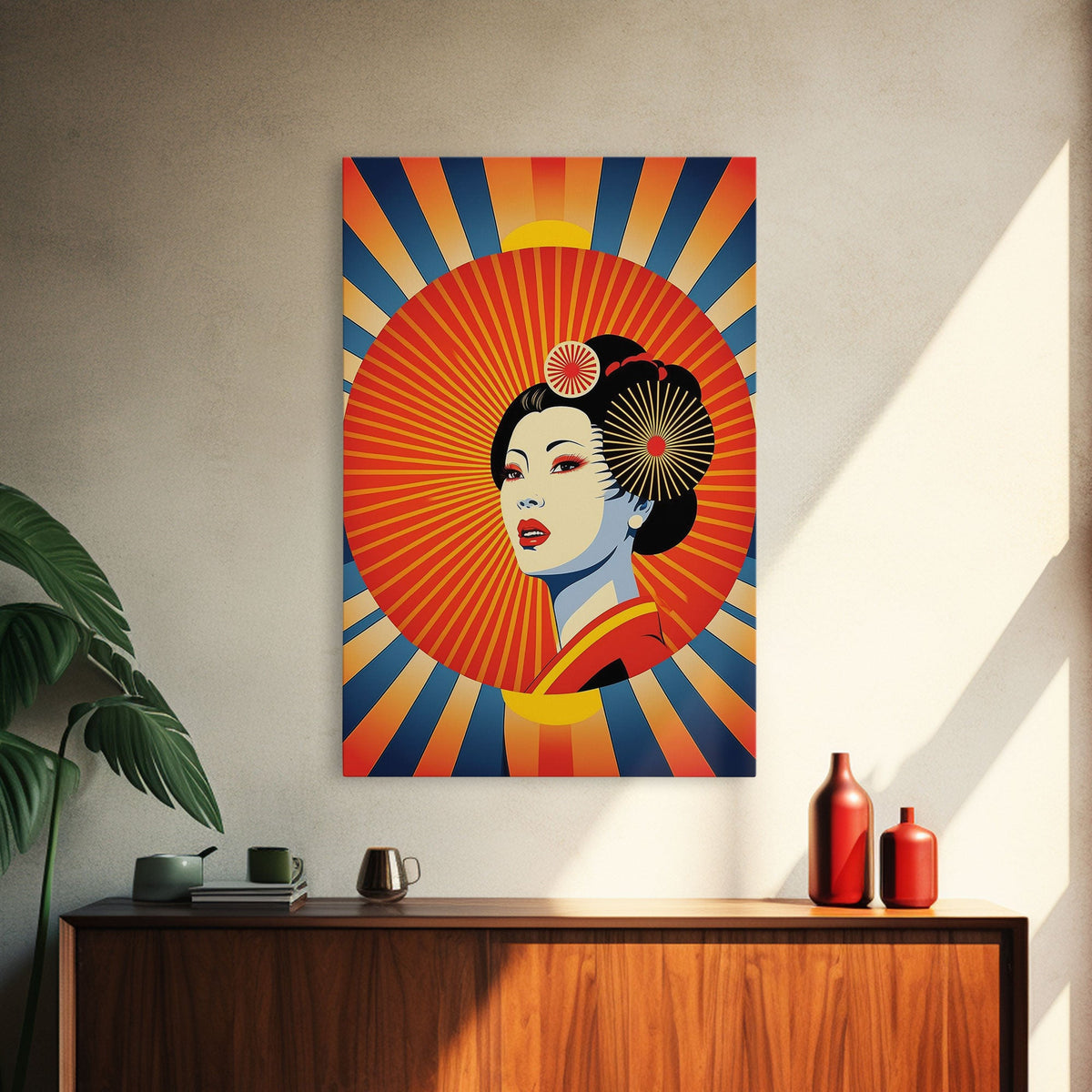 Portrait of a Geisha, Pop Art Style, Art Deco Sunburst, Framed Canvas Print