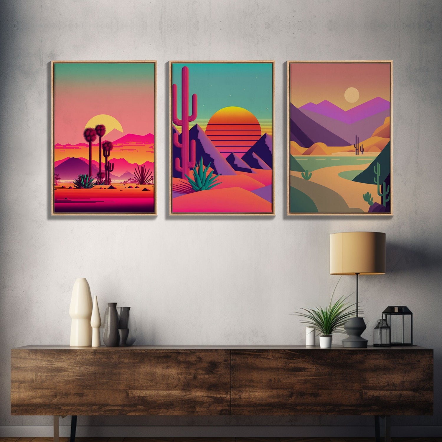 3 Piece Framed Canvas Wall Art, Synthwave / Vaporwave Sunset, Palme Trees and Cactus, Mid Century Modern Home Artwork Boho Decor for Bedroom