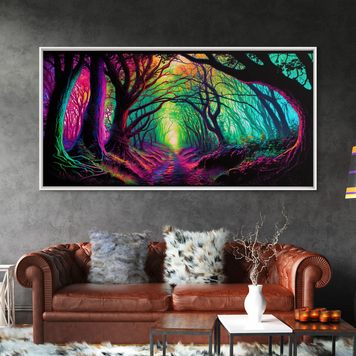 The Secret Grove, Fantasy Art, Pop Art Forest Landscape, Framed Canvas Print, Colorful Forest Painting, Living Room Art
