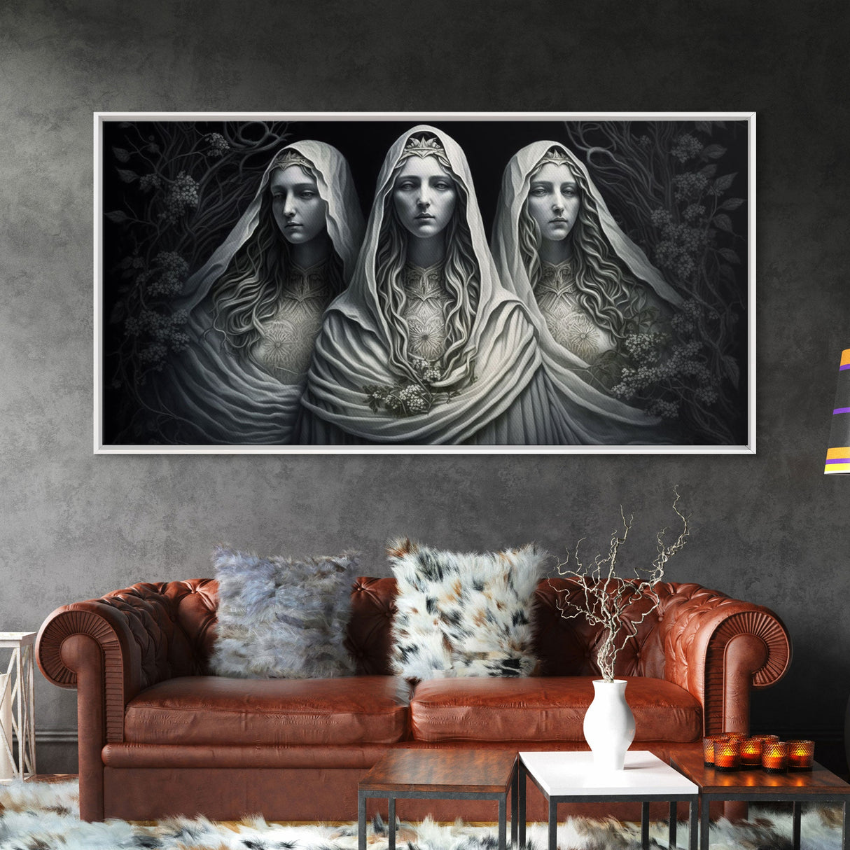 The Norns, Norse Mythology, Weavers of Fate, Framed Canvas Print, Urðr, Verðandi, and Skuld, Black and White Norse Fantasy Art