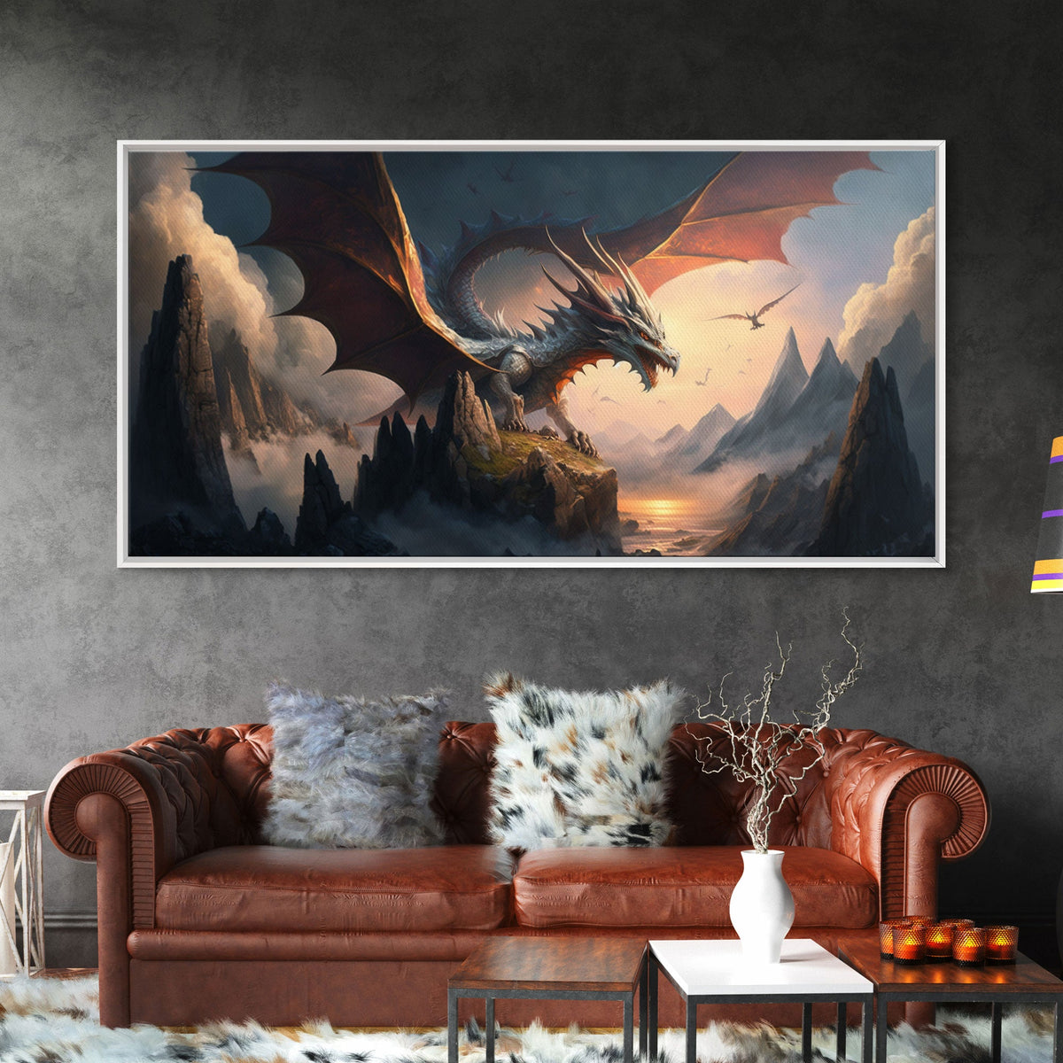 White Dragon on a Mountain Top, Fantasy Art, Framed Canvas Print, Medieval Fantasy Art, Fire breathing dragons