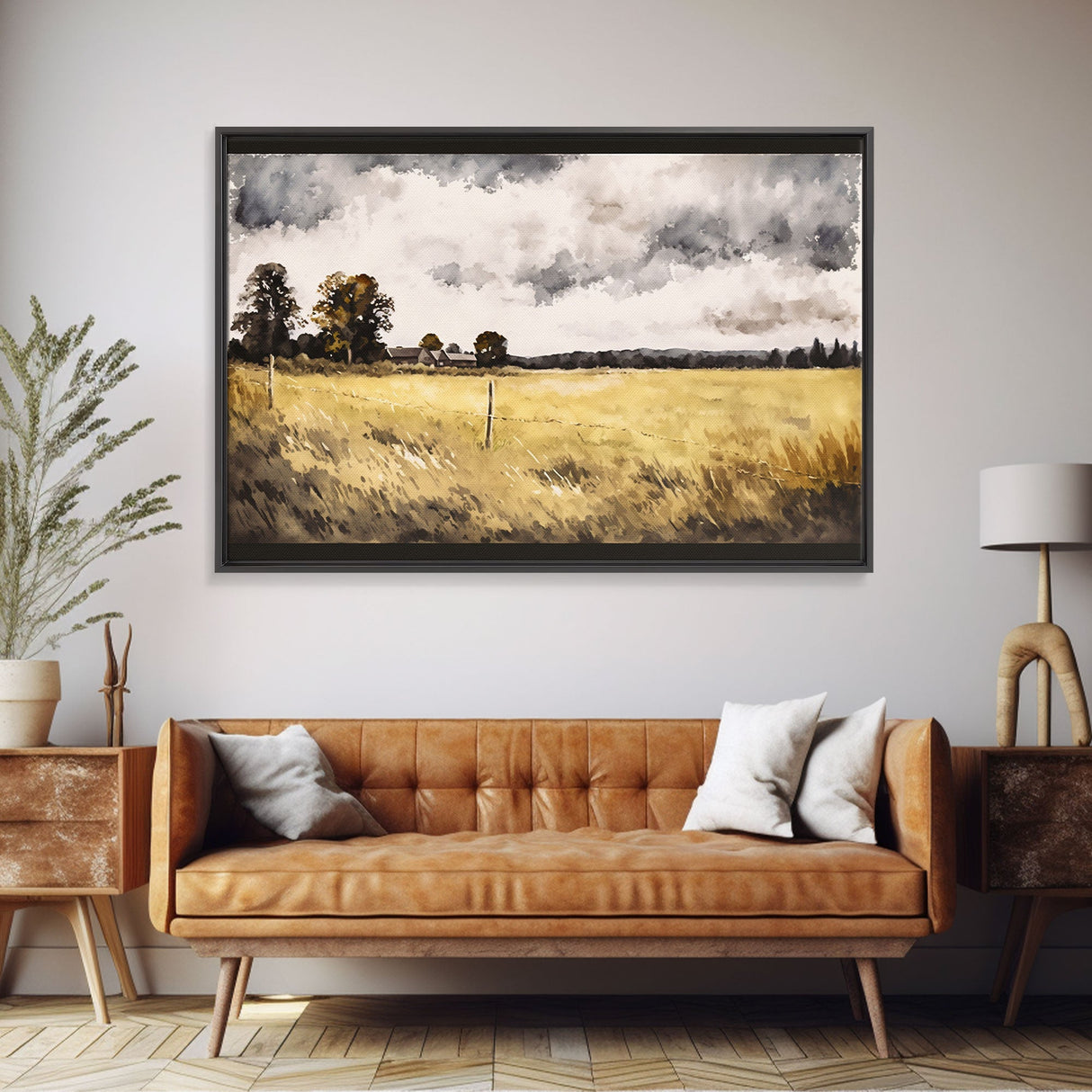 Early American Style Landscape Art | Primitive Farmhouse Decor | Framed Canvas Print | Wall Art | Wall Decor | Office Art | Muted Art