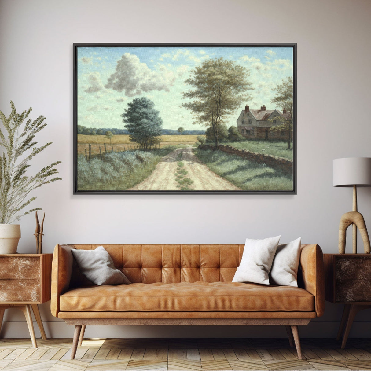 Cottage Oil Painting Framed Canvas Print | Rustic Wall Art | Vintage Muted Print | Farmhouse | Boho Style | Minimalist