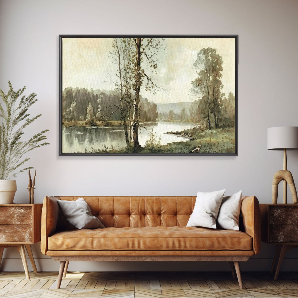 Vintage Landscape Wall Art Canvas Print, Sketch Natural Framed Large Gallery Art, Minimalist Art Ready to Hang, Framed Farmhouse Art