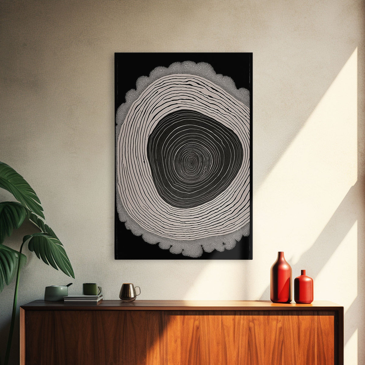 Framed Canvas Print Wall Art, Grunge Forest Tree Rings, Abstract Illustrations, Modern Art, Nordic Decor for Bedroom, Tree Cross Section