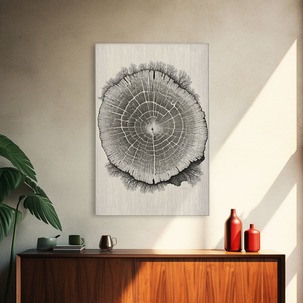 Framed Canvas Print Wall Art, Grunge Forest Tree Rings, Abstract Illustrations, Modern Art, Nordic Decor for Bedroom, Tree Cross Section