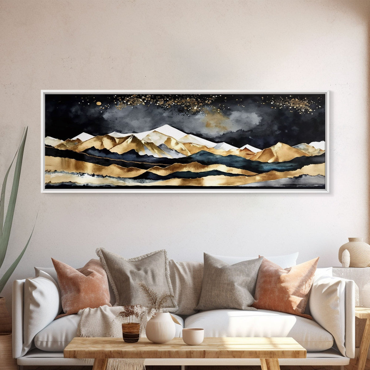 Black & Gold Mountain Landscape Painting, Framed Canvas Print, Panoramic Art, Extra Wide Art, Center Piece Decor, Above Fireplace or Sofa