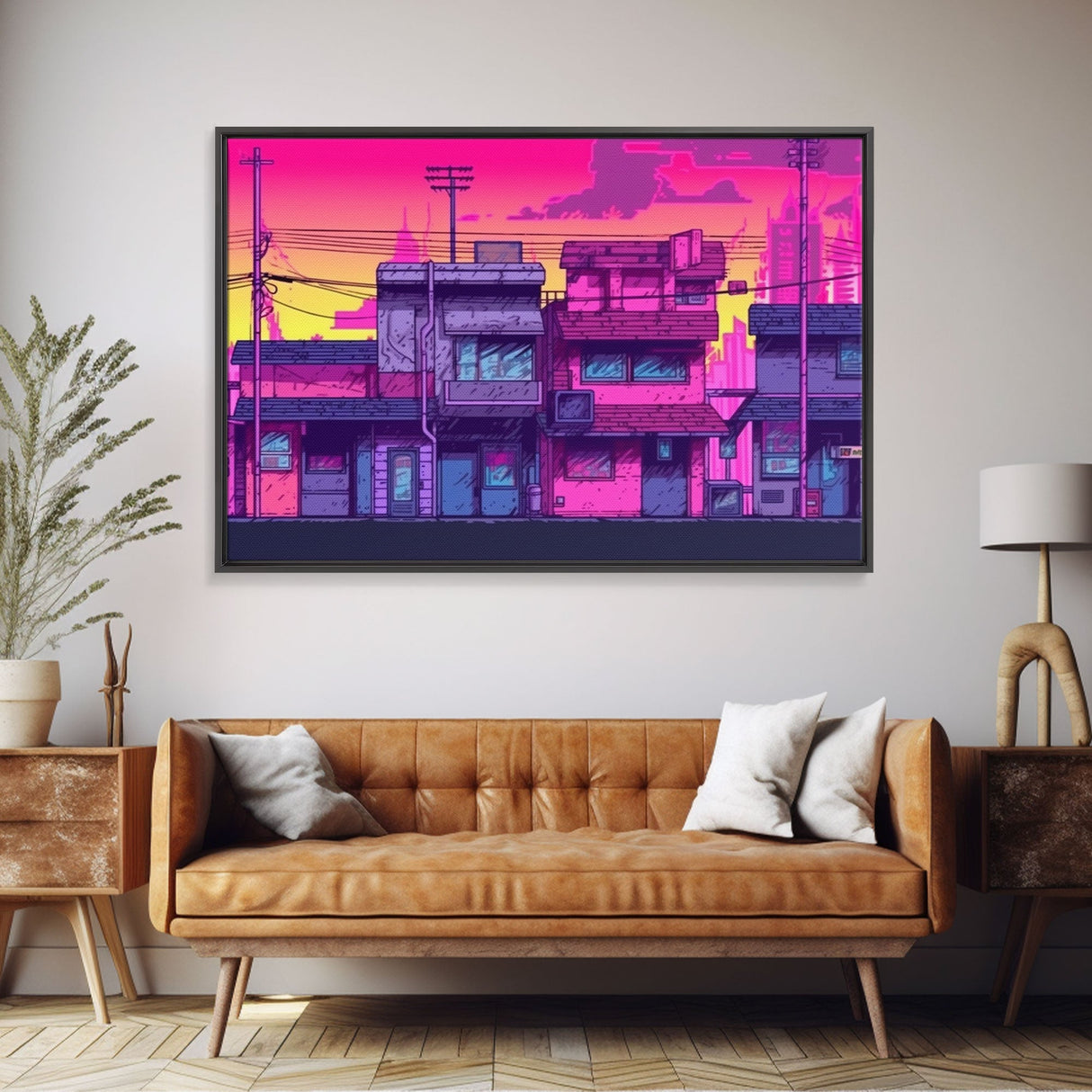 Neighborhood Wall Art - Framed Canvas Print - Original painting - Pop Art Style - Colorful painting - Synthwave Style - Pink colors