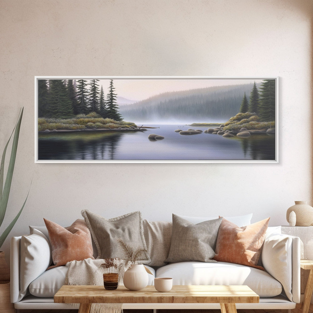 Colored Pencil Landscape Wall Art Print, Riverbank, River, Trees, Mountain, Nature Large Canvas Art Print, Panoramic, Wall Art, Canvas Print