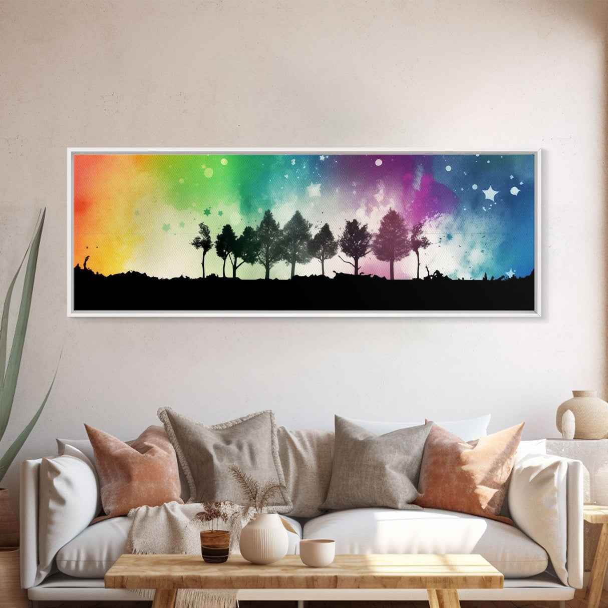 Large Abstract Art Print, Colorful Watercolor Sky, Silhouette Trees, Tie Die Sky, Framed Canvas Print, Panoramic, Wall Art, Canvas Print