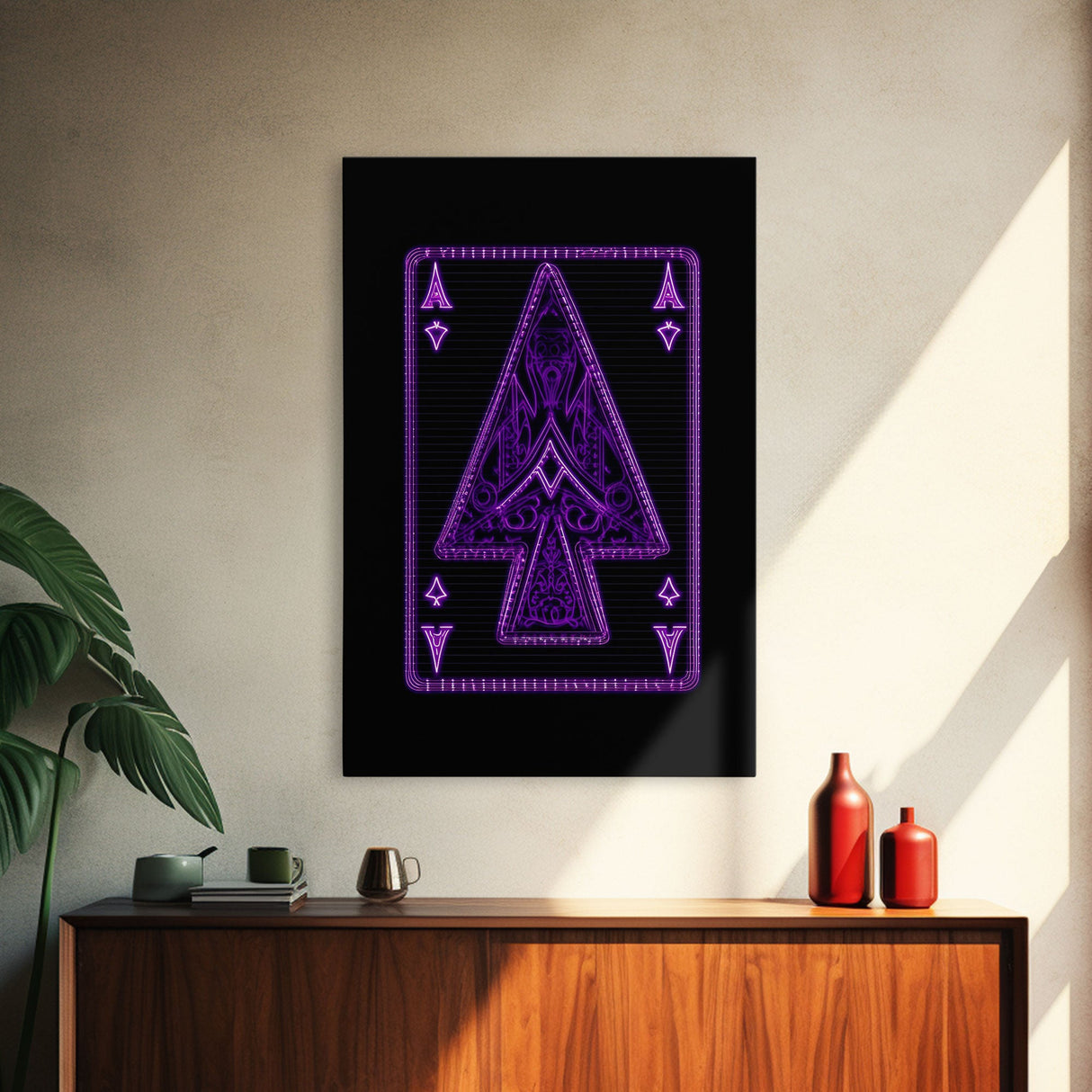 Neon Lights Purple Ace Of Spades Wall Decor, Poker Wall Art, Cards, Minimalist Print, Wall Decor, Canvas Print, Wall Art, Framed Canvas