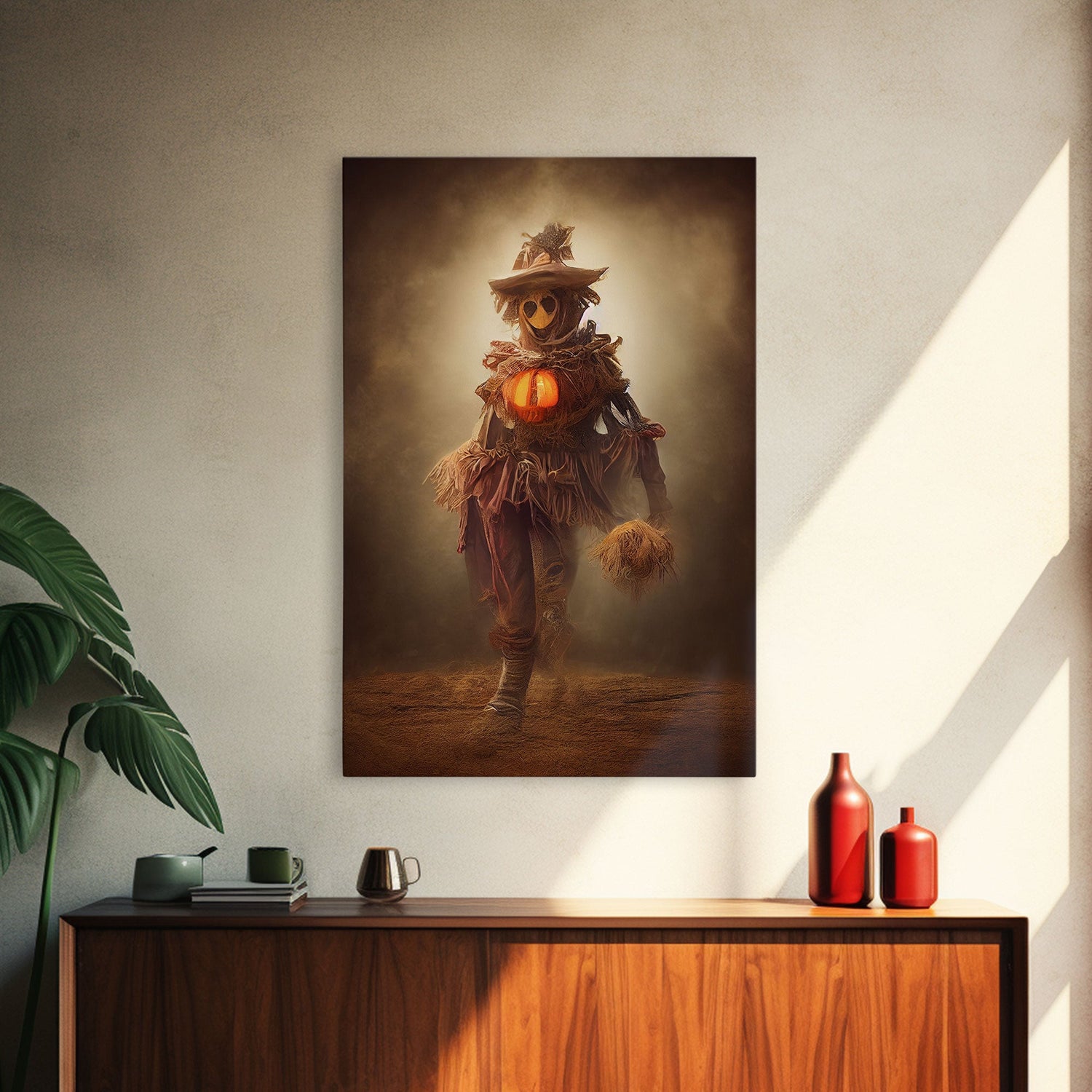 Spooky scarecrow canvas print, full moon, Halloween art, scary art