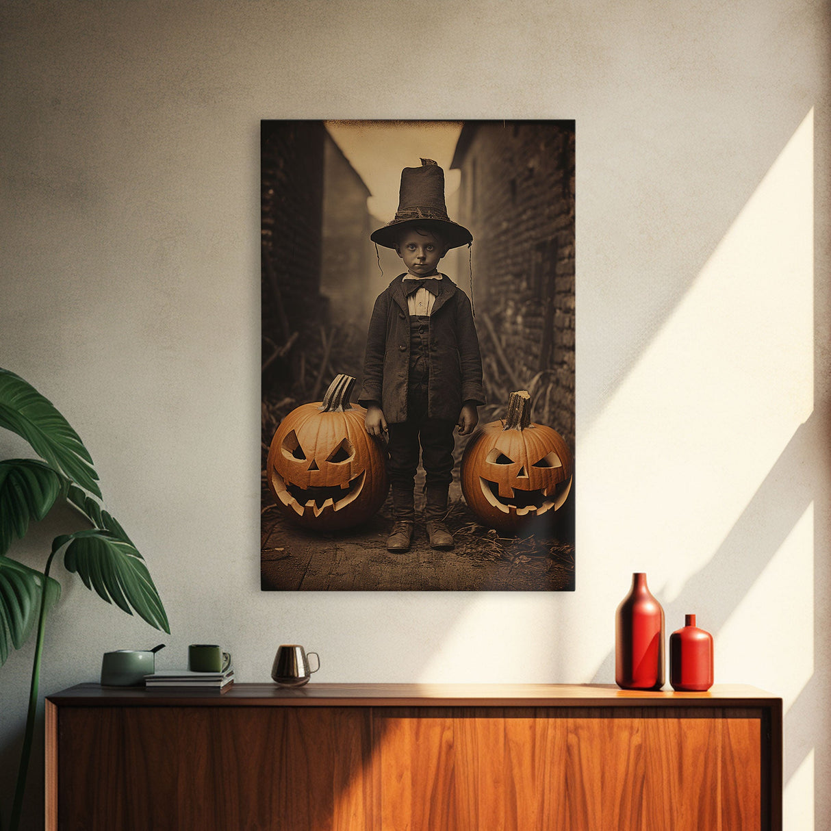 Spooky Victorian Tintype Photography, Framed Canvas Print, Halloween Art, Halloween Canvas, Pilgrim Boy and His Jack O' Lanterns