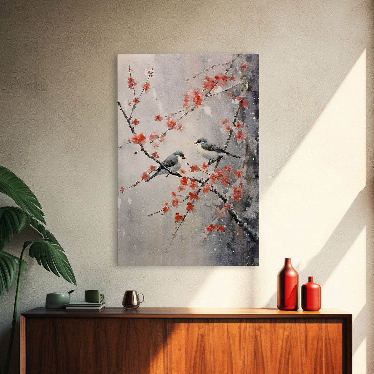 Cherry Blossom Tree, Japanese Wall Print, Bird Wall Art, Asian Art, Canvas Print, Wall Art, Vertical Print, Country Home Decor, Office Art