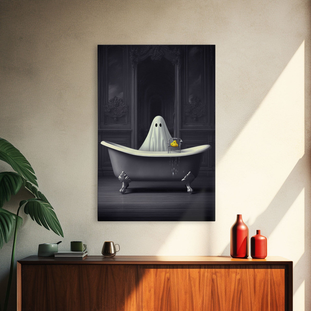 Ghost Bathroom Canvas, Dark Romantic Ghost Standing in Bathroom Creepy, Ghost in the Bath tub Wall Art Halloween Canvas, Funny Halloween