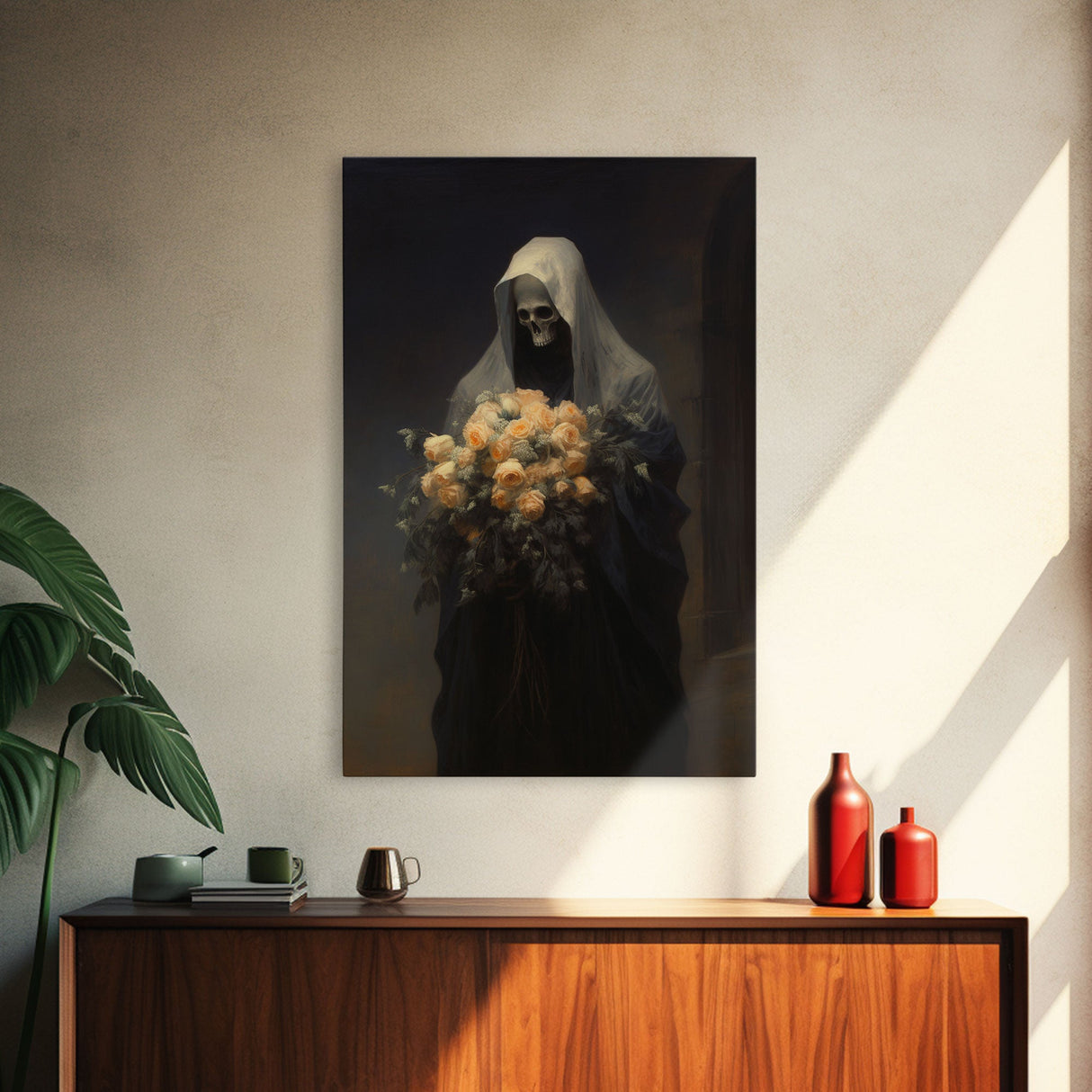 Grim Reaper, Flower Deliveryman, Gothic Halloween Decor, Framed Canvas Print, Scary Horror Art, Goth Decor, Oil Painting, Dark Academia