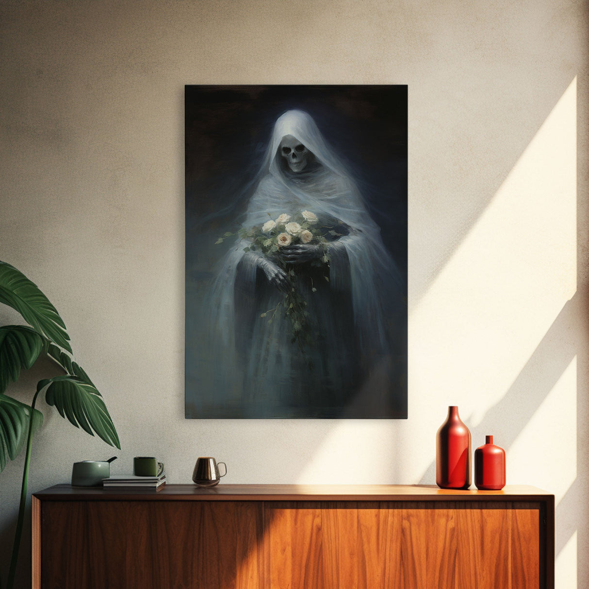 Grim Reaper Holding Flowers, Gothic Halloween Decor, Framed Canvas Print, Scary Horror Art, Goth Decor, Oil Painting, Dark Academia