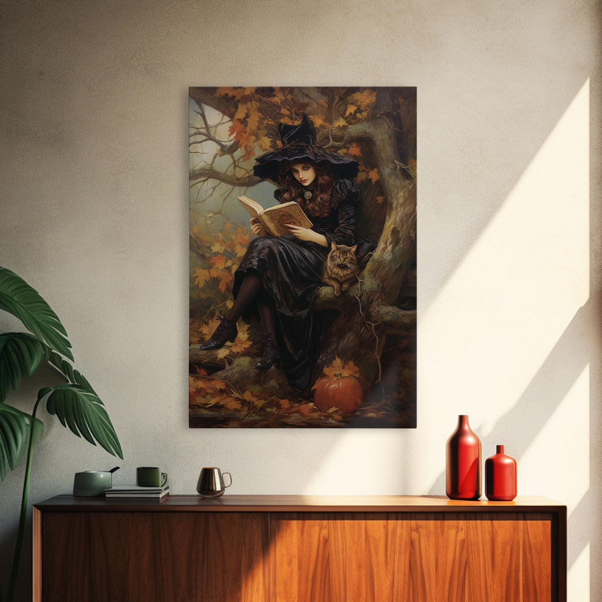 Pretty Witch Reading Spells To Her Black Cat Familiar, Vintage Halloween Art, Framed Canvas Print, Halloween Canvas Art, Witchcraft