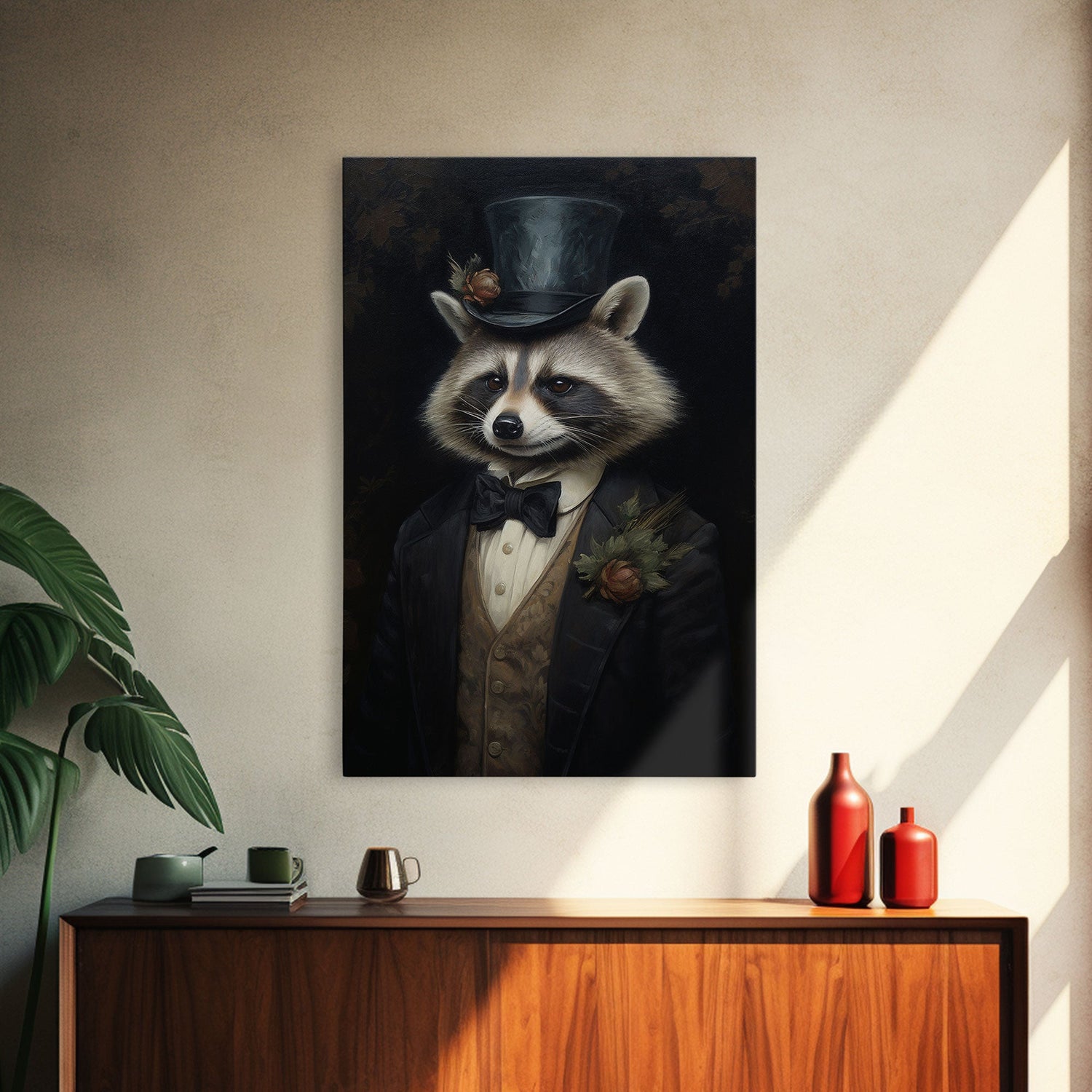 Distinguished Dapper Gentleman Raccoon, Funny Animal Prints, Humorous Art, Framed Canvas, Wall Art, Canvas Print, Funny Halloween Decor