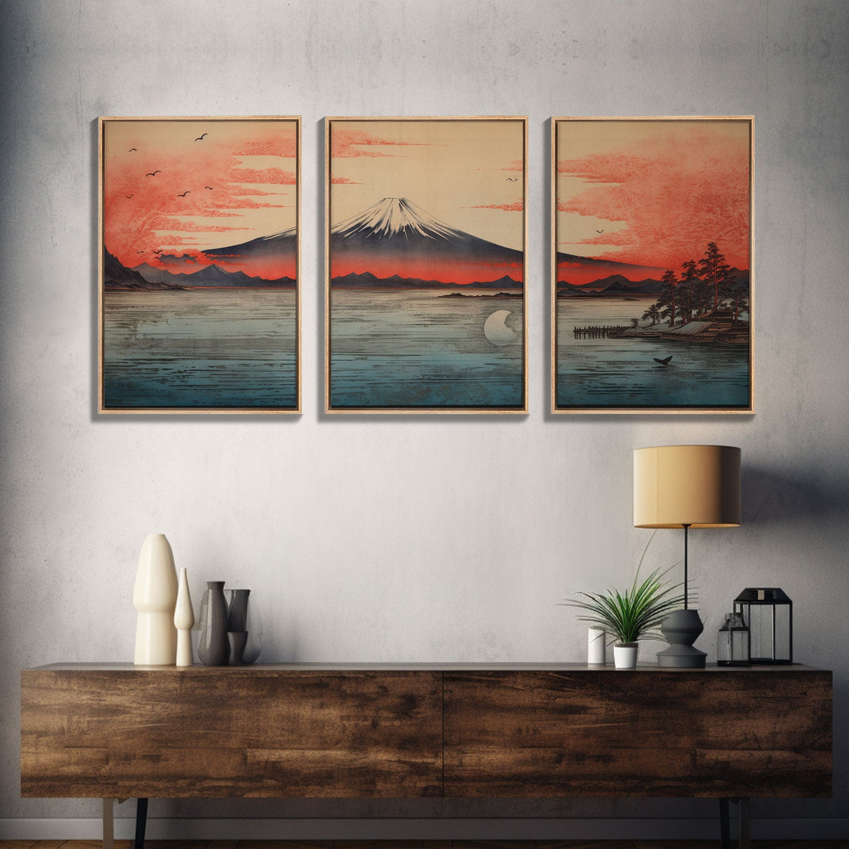 Volcano Print, Asian Art, Japanese Wall Art, Canvas Print, Wall Art, 3 Piece Wall Art, Office Decor, Beach House Wall Decor, Office Art