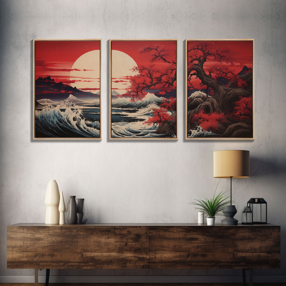 Ocean Art Print, Cherry Blossom, Asian Art, Japanese Wall Art, Canvas Print, Wall Art, 3 Piece Wall Art, Apartment Wall Decor, Room Decor