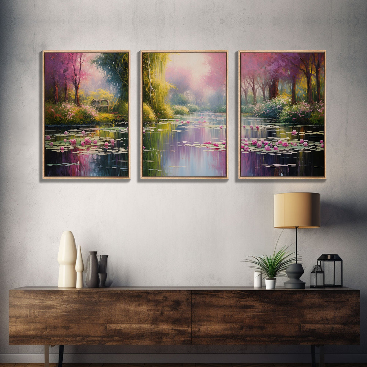 Zen Wall Art, Lake Wall Art, Lotus Print, Canvas Print, Set Of 3 Prints, Wall Art, 3 Piece Wall Art, Dining Room Decor, Home Decor Prints