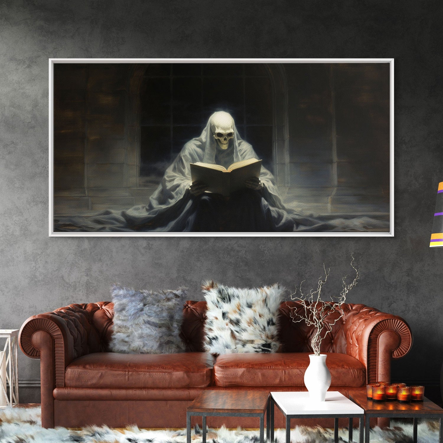 Grim Reaper Reading A Book In A Haunted Library, Framed Canvas Print, Victorian Oil Painting Style, Spooky Halloween Decor, Goth Art